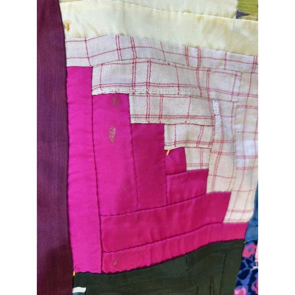 Antique Log Cabin In Rows Quilt Hand Pieced Hand Tied 1930s 40s Silk Rayon